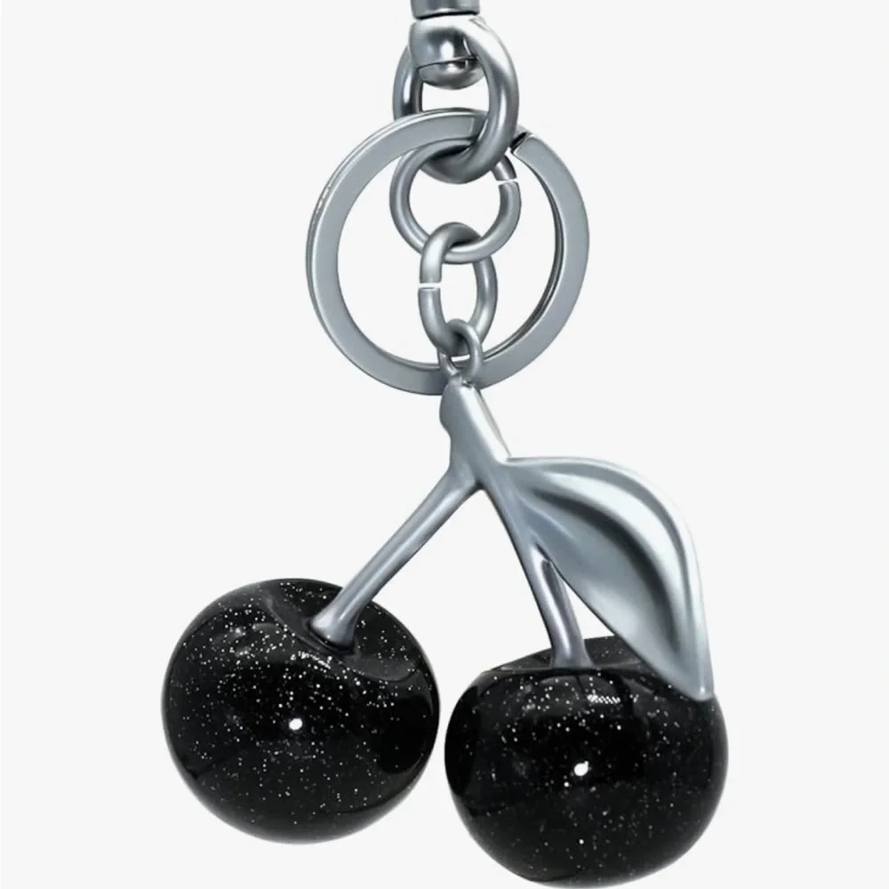Black cherry sparkle cherry keychain with silver hardware